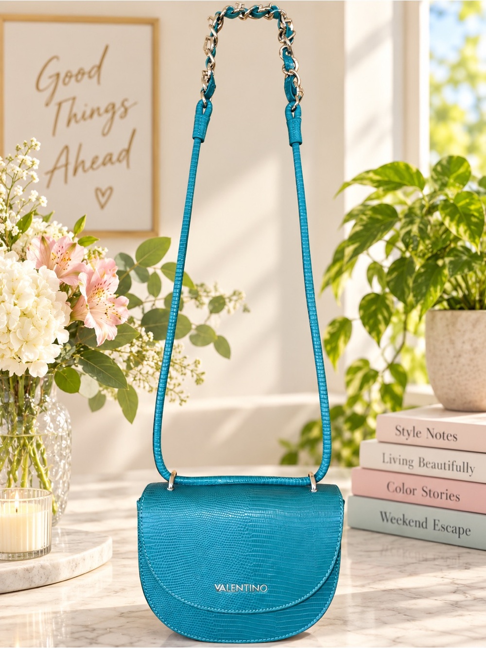 Mario Valentino Teal Lizard Embossed Crossbody Shoulder Bag Statement Chain
